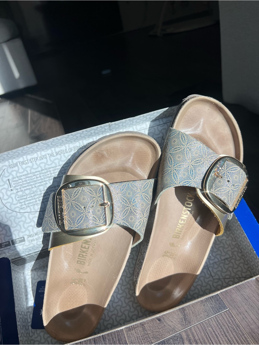 Birkenstock Women's Madrid Buckle Slide Sandals in Pale Blue with Gold Buckles